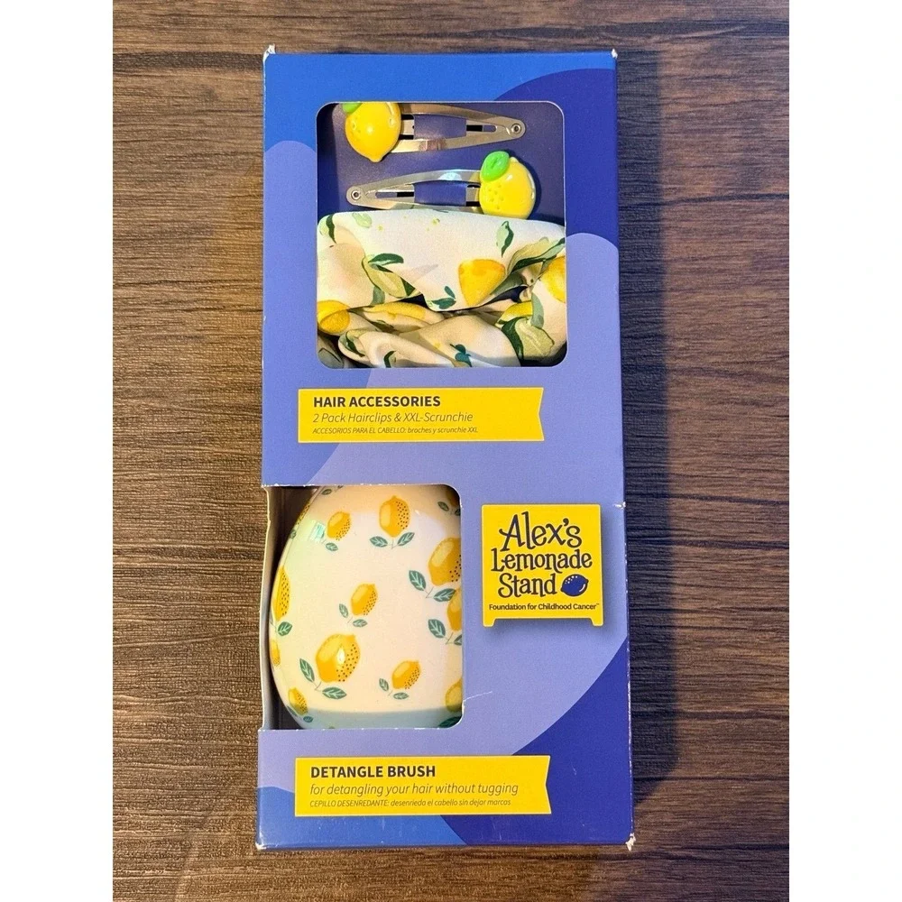 Alex's Lemonade Girl's Hair Accessory Set - Brush, Barrettes, Scrunchy